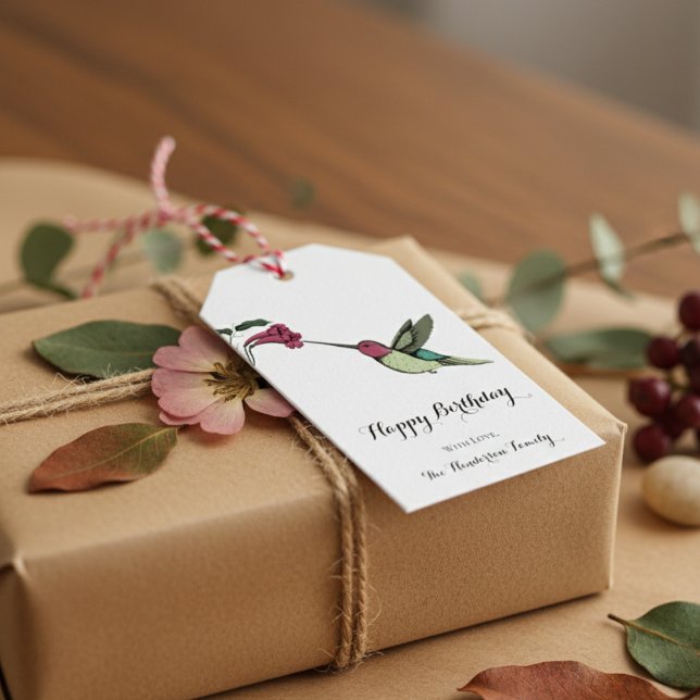 Elegant Hummingbird Birthday Presentetikett (Elegant White Hummingbird Gift Tags for Nature Lover. Colorful Floral Bird & Flower Illustration. )