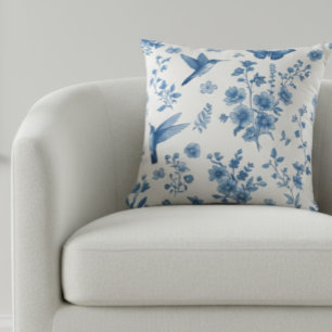 Elegant Hummingbird Floral Blue Toile  Kudde