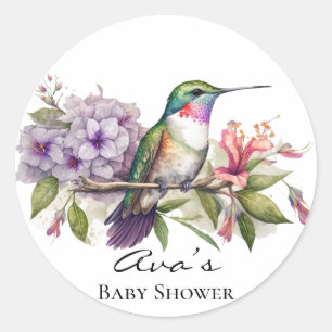 Elegant Hummingbird Lila Blommigt Girl Baby Shower Runt Klistermärke