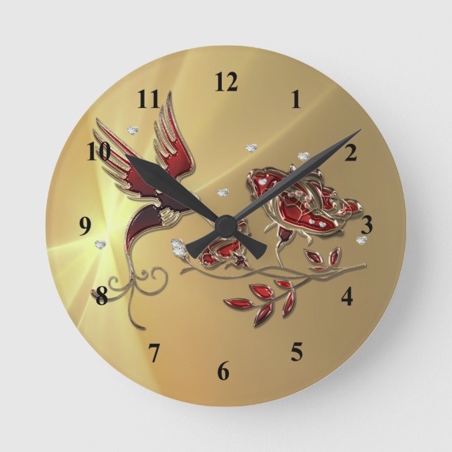 Elegant Hummingbird Red Blommigt Graphic Rund Klocka (Framsida)