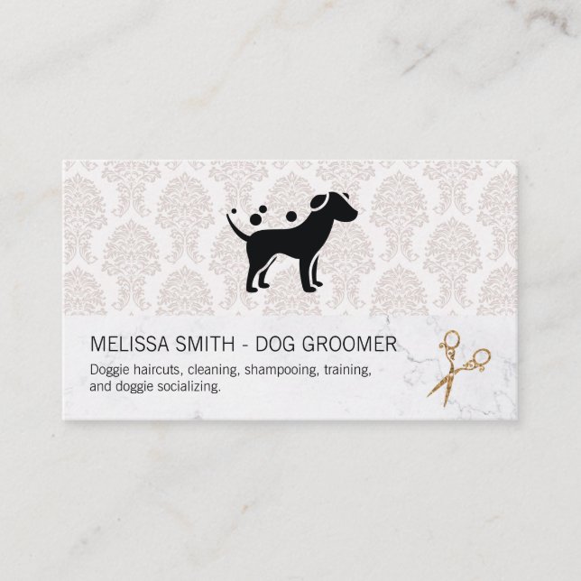 Elegant Hund Groomer | Chicen Damask Marble Visitkort (Framsida)