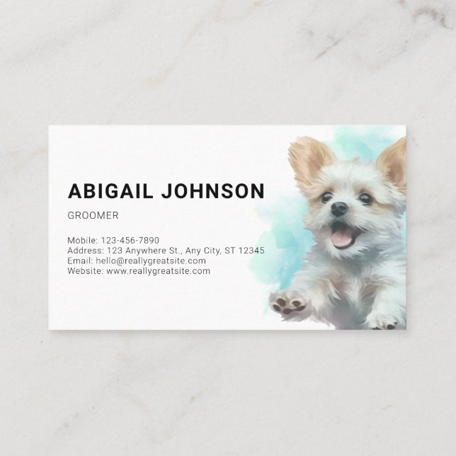 Elegant hund/pet grooming – Aqua Blå Akvarell Visitkort (Baksida)
