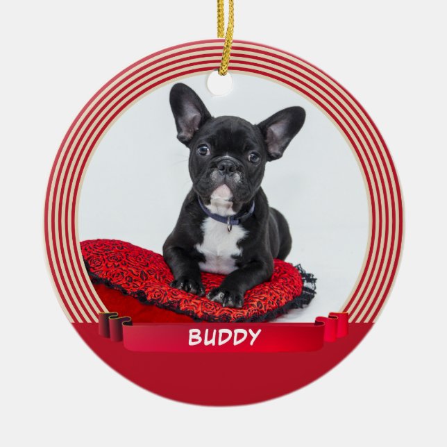 Elegant Hund Puppy Pet Photo Red Ribbon Julgransprydnad Keramik (Framsidan)