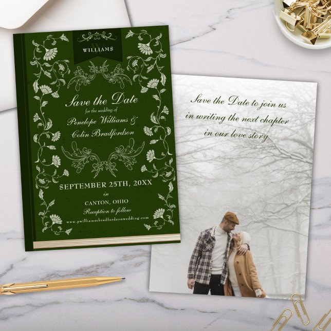 Elegant Hunter Grönt Bibliotek Bröllop spara datum Inbjudningar (Formal Elegant Hunter Forest Green Floral Wedding Save the Date Invitation Cards)