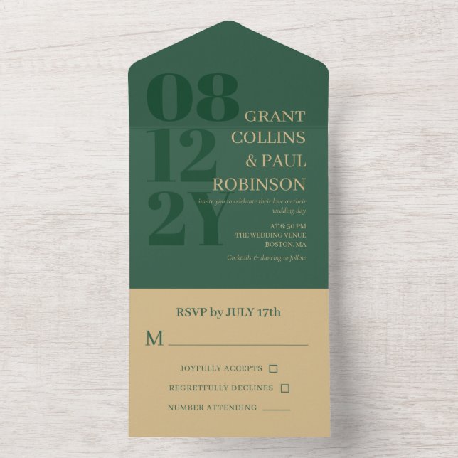 Elegant Hunter Grönt & Tan Typography Bröllop (Insida)