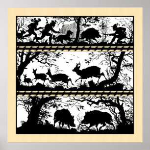 Elegant Hunting Scene Running Hjort Vild Boar Poster