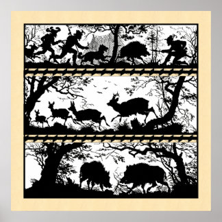 Elegant Hunting Scene Running Hjort Vild Boar Poster
