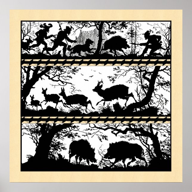 Elegant Hunting Scene Running Hjort Vild Boar Poster (Framsidan)