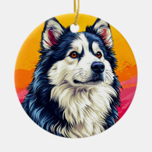 Elegant Husky-porträtt med livfull solnedgång Julgransprydnad Keramik