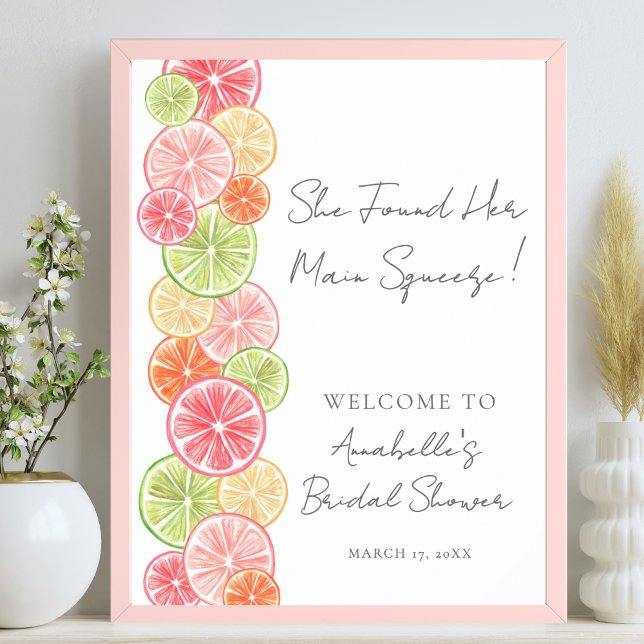 Elegant Huvudpress Citrus Bröllopsdusch Välkommen Poster (Elegant Main Squeeze Citrus Bridal Shower Welcome Poster )