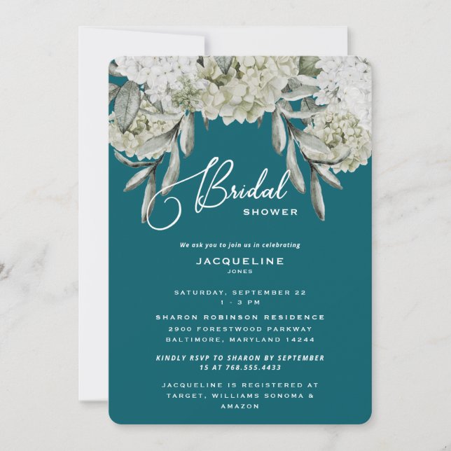 Elegant Hydrangea Blågrön Rund Bröllopsdusch Inbjudningar (Framsida)