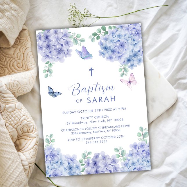 Elegant Hydrangea Blomsterträdgård Kor Baptism Inbjudningar (Elegant Hydrangea Flower Garden Cross Baptism Invitation)
