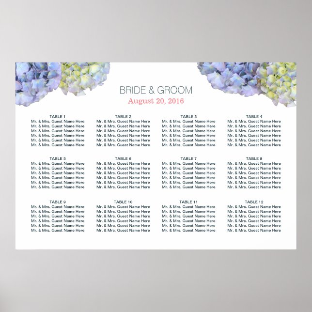 Elegant Hydrangea Flowers Bröllop Sittdiagram Poster (Framsidan)