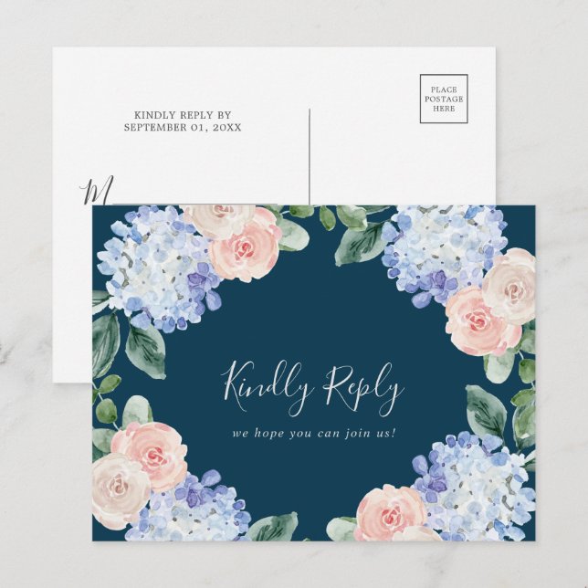 Elegant Hydrangea Navy Sång Request OSA Postcard Inbjudan Vykort (Fram/baksida)