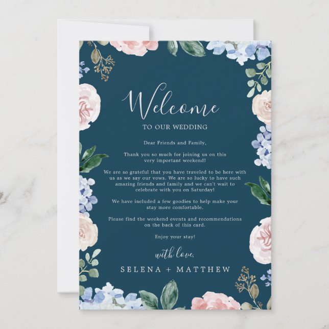 Elegant Hydrangea Navy Welcome Brev & Itinerary (Framsida)