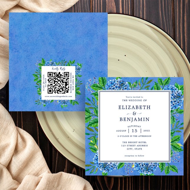 Elegant Hydrangeas bröllopsinbjudan med QR-kod Inbjudningar (Front / Back)