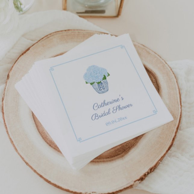 Elegant Hydrangeas Ginger Burk Baby Shower Party Pappersservett (Pale blue hydrangea flowers in ginger jar bridal shower or baby boy shower napkins)