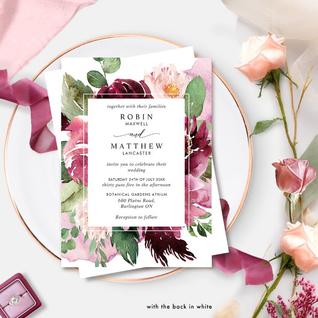 Elegant i bär och burgunder rosa blommande bröllop inbjudningar (Skapare uppladdad)