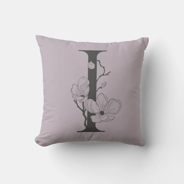 Elegant I Boho Blommigt Monogram Initial Lilac Grå Kudde (Framsida)