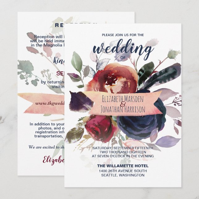 Elegant i en enda burgundisk flotta Ro Guld Bröllo Inbjudningar (Fram/baksida)