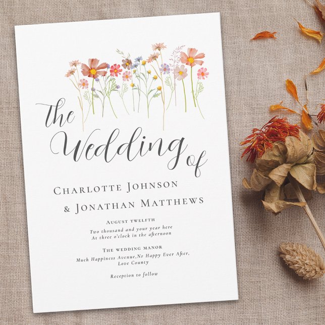 Elegant i färgat Wildblomsverktyg Inbjudningar (Colorful Wildflower boho floral elegant script Wedding invitation Watercolor flowers fall colors)