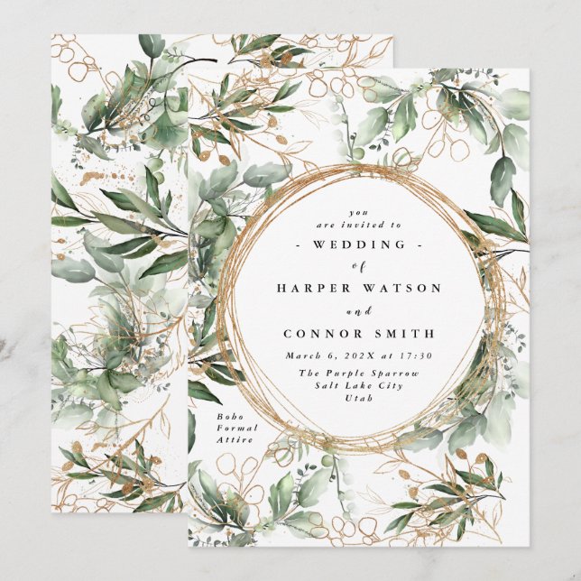 Elegant i Guld botaniska eukalyptus-cirkulär, fall Inbjudningar (Fram/baksida)