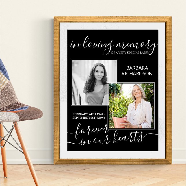 Elegant i Loving Memory 2-fotofilm Poster (Funeral memorial poster to order professionally printed or as a printable digital download)