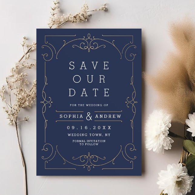 Elegant i marinens moderna klassiska bröllop spara datumet (Navy elegant modern classic vintage wedding invitation)