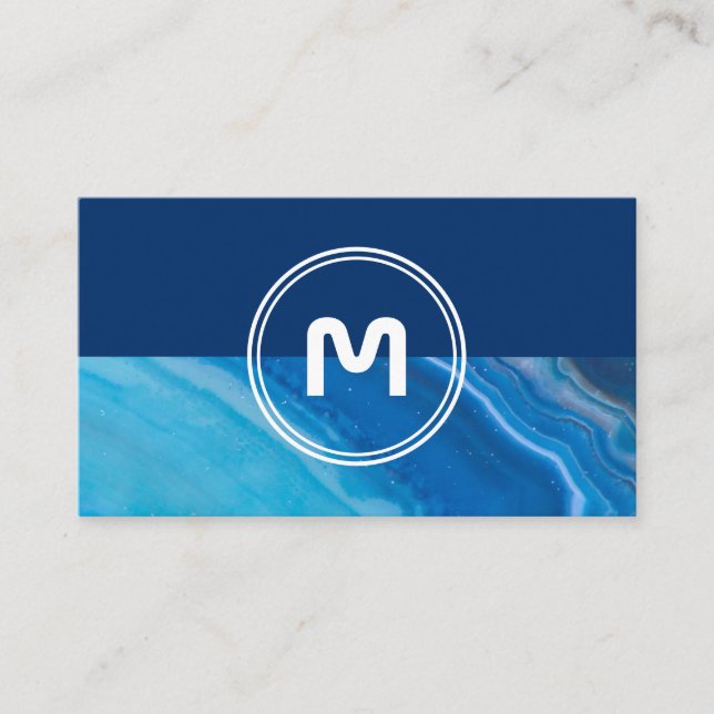 Elegant i monogram med två ton djup blå kristaller visitkort (Framsida)