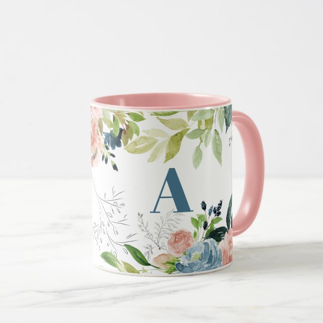 Elegant i vattenfärgsklass med monogrammerad  i bl mugg (Framsida höger)