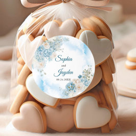 Elegant Ice Blue Ivory Ro Flowers Bröllop Runt Klistermärke