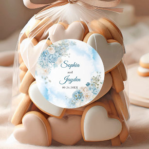 Elegant Ice Blue Ivory Ro Flowers Bröllop Runt Klistermärke