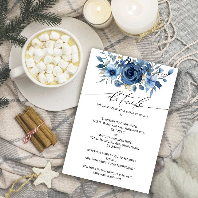 Elegant Ice Blue Winter Blommigt Tilläggskort (Elegant Ice Blue Winter Floral Enclosure Card #navyblue #winterweddinginvitation)