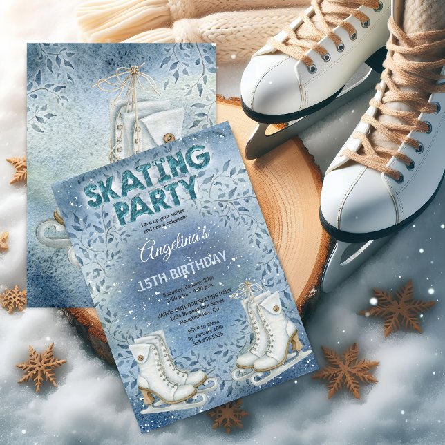 Elegant Ice Skal Födelsedagsfest Inbjudningar (Ice skating party invitation front and back view.)
