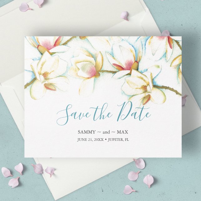 Elegant Icke-Foto Akvarell Blommig Spara Datum Spara Datumet (Invitations and save the dates with watercolor white magnolia flowers.)