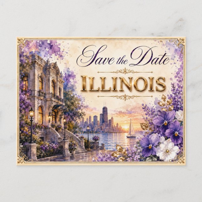 Elegant Illinois Spara datum Bröllopsinbjudan Vykort (Framsida)