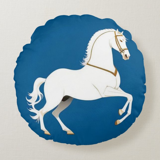 Elegant illustration av vit hingst på rund kudde (Framsidan)