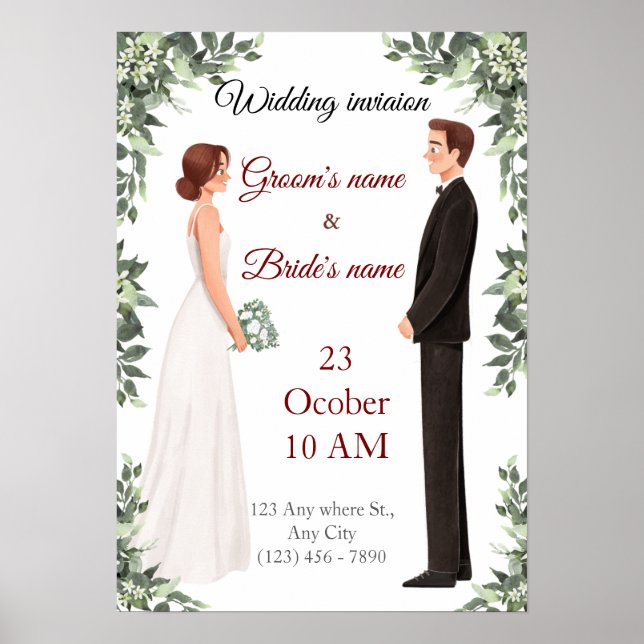 Elegant Illustrerad Bröllopsinbjudan  Poster (Framsidan)