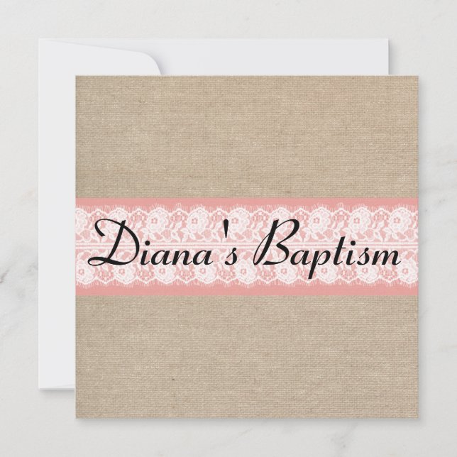 Elegant inbjudan för dop för korallBurlapsnöre (Framsida)