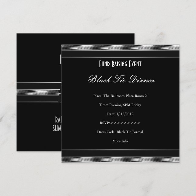 Elegant inbjudan fundraising formell silver svart  (Fram/baksida)