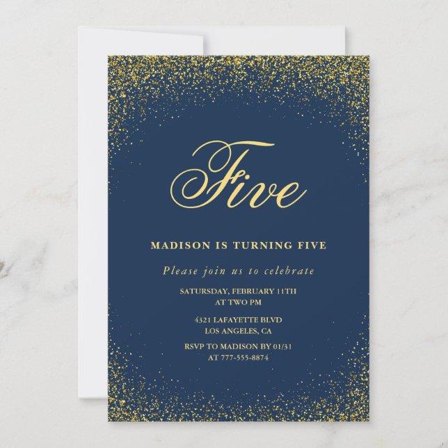 Elegant inbjudan till 5-årsdag Guld Navy Glam (Framsida)