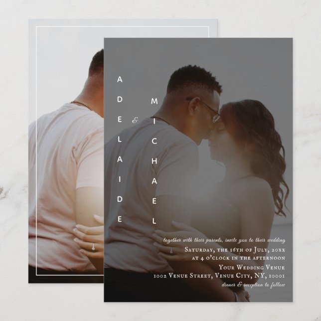 Elegant - inbjudan till fotobröllop med enkel Anpa (Fram/baksida)