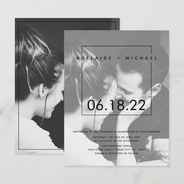 Elegant - inbjudan till fotobröllop med enkel Anpa (Fram/baksida)