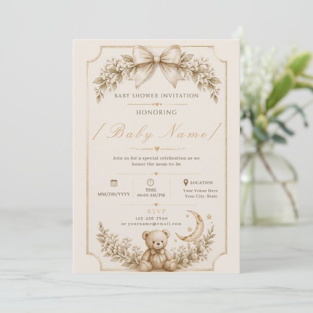 elegant inbjudan till Teddybjörn-babyshower (Stående Fram)