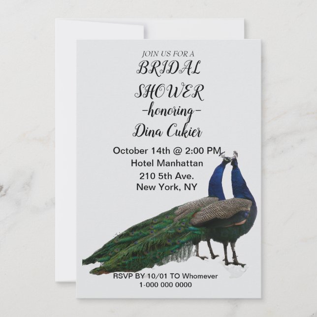 Elegant Inbjudningskort för möhippan - Peacock-tem (Framsida)