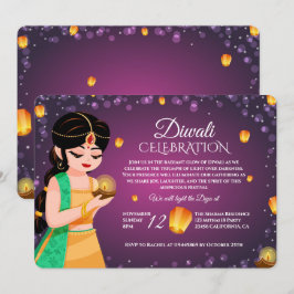 Elegant Indian Girl Floating Lantern Purple Diwali Inbjudningar