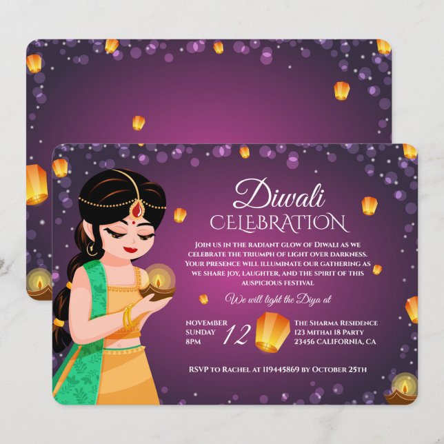 Elegant Indian Girl Floating Lantern Purple Diwali Inbjudningar (Fram/baksida)