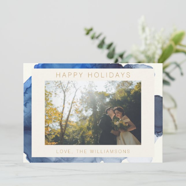 Elegant Indigo Abstrakt Vattenfärgskulptur för Par Julkort (Stående Fram)