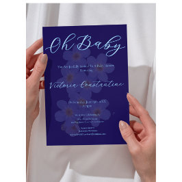 Elegant Indigo Blå Oh Baby Script Blommig Foto Inbjudningar