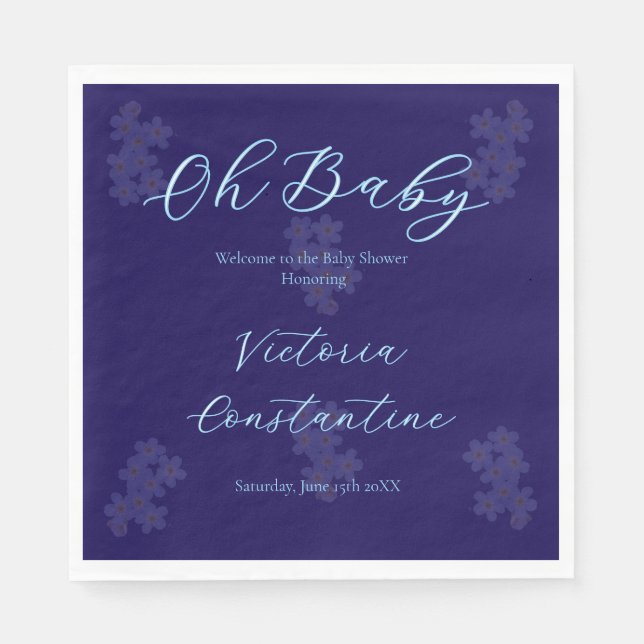 Elegant Indigo Blå Oh Baby Script Blommig Servett (Framsidan)